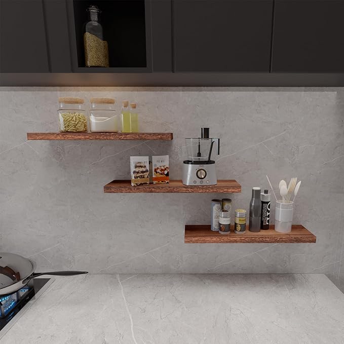 Floating Shelves 24 Inch Wall Shelf Solid Wood Mounted Storage for Bedroom Living Room Set of 3, Rustic Brown Wall Shelves