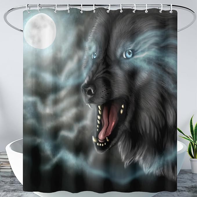 AILONEN Howling Wolf Shower Curtain,Cloud Moon Wolf Bath Curtain,Wildlife Wolf Polyester Waterproof for Bathroom,72" W*84" H with 12 Plastic Hooks