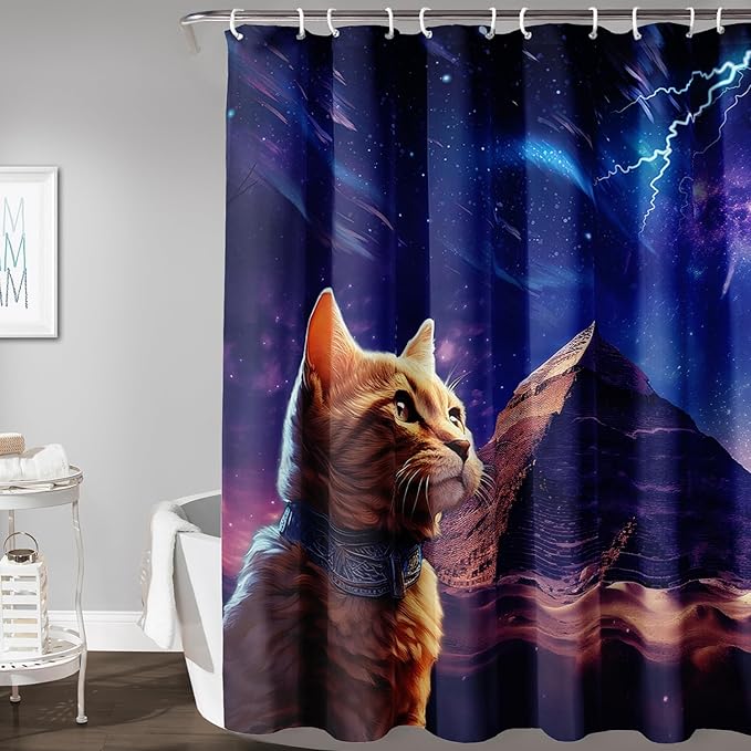 AILONEN Cat Shower Curtain,Blue Galaxy Lightning Pyramid Pet Cat Bath Curtain Gifts for Cat Lover,Polyester Waterproof for Bathroom,36" W*72" H with Plastic Hooks