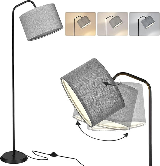 ELYONA LED Floor Lamp for Bedroom 3 Color Temperatures Modern Reading Standing lamp with Adjustable Hanging Grey Linen lampshade Tall Pole Metal Lamp with 9W Bulb Living Room Office Gray