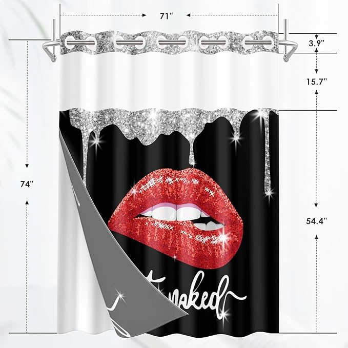 Red Lips No Hook Shower Curtain with Snap in Liner, Diamond Glitter Get Naked Black Bath Curtain with Double Layers Waterproof Fabric and Mesh Top Window 71x74 Inch