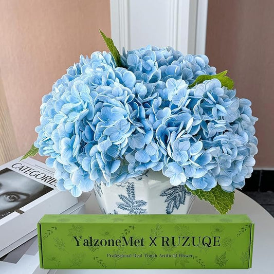YalzoneMet 4Pcs Light Blue Hydrangea Artificial Flower Natural Lifelike Real 21 inch Long Stem Hydrangea Latex Flower Bouquets for Home Party Outdoor Wedding Table Centerpiece Decor