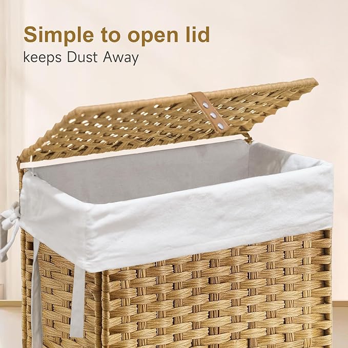 88L Slim Laundry Hamper with Wheels, 23.3 Gallon Rolling Laundry Basket with Lid, Tall and Narrow Laundry Hamper with 2 Removable Liner & 3 Mesh Laundry Bags, Laundry Sorter for Bathroom, Natural