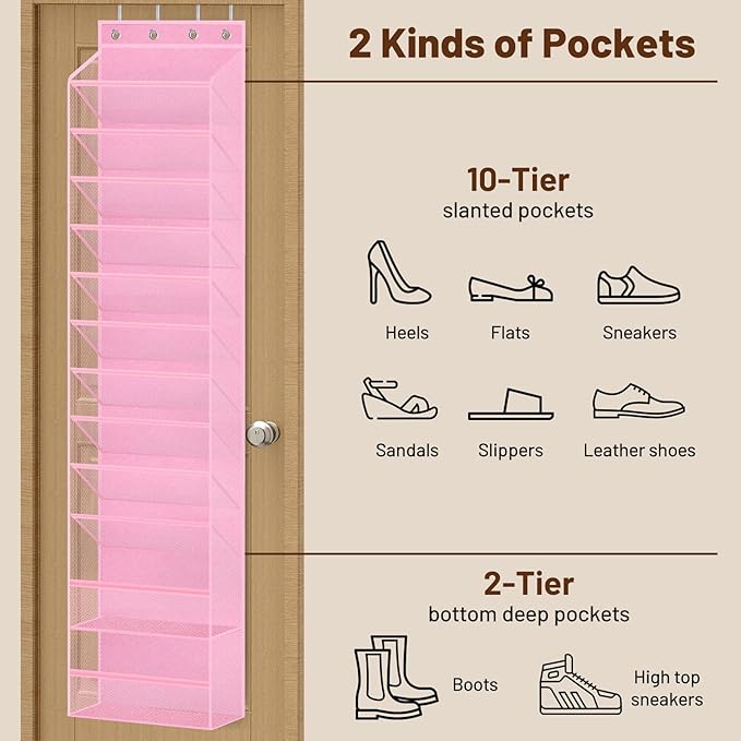 MISSLO 12 Tier Over the Door Shoe Organizer Breathable Mesh Hanging Shoe Rack for Closet Storage Shoe Holder for Door Fit 24 Pairs Sandals, Heels, Boots (Pink)