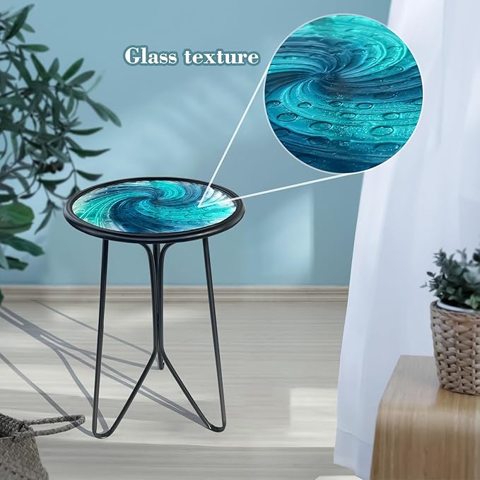 LIFFY Patio Side Table, Small Round End Table, Metal Side Table Outdoor, Small Porch Table for Indoor Balcony Furniture Decor (Blue Glass 12inch)