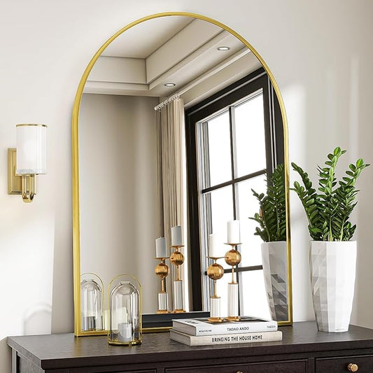 Arched Wall Mirror, 30 x 38 inch Arch Bathroom Mirror, Wall Mounted Vanity Mirror with Arch Metal Frame, Modern Bathroom Vanity Mirror for Bedroom, Living Room, Hanging or Leaning, Gold