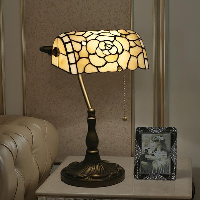 Rose Bankers Lamp Tiffany Vintage Table Lamp Stained Glass Beige Rose Lampshade Table Light Piano Desk Lamp Bedroom Bedside Lamp for Livingroom Office Study,Antique Alloy Base,Zipper Switch,Rose b