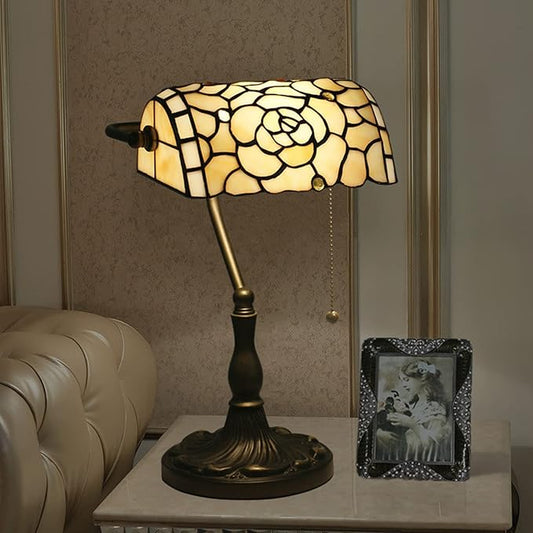 Rose Bankers Lamp Tiffany Vintage Table Lamp Stained Glass Beige Rose Lampshade Table Light Piano Desk Lamp Bedroom Bedside Lamp for Livingroom Office Study,Antique Alloy Base,Zipper Switch,Rose b