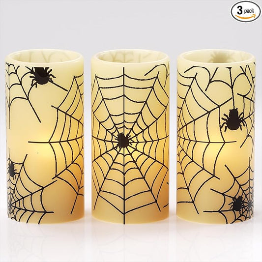Eldnacele Halloween Flameless Candles with Timer,Battery Operated Spider Cobweb Decal Flickering Candles Real Wax LED Pillar Candle Set of 3 for Holiday Indoor Home Spooky Decor(3×6 Inches)