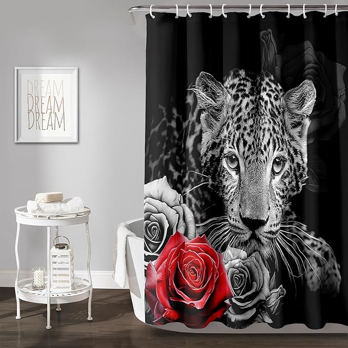AILONEN Grey Leopard Shower Curtains for Women,Rose Leopard Bath Curtains Gifts for Lover,Polyester Waterproof for Bathroom with 12 Plastic Hooks 48" W*72" H Grey