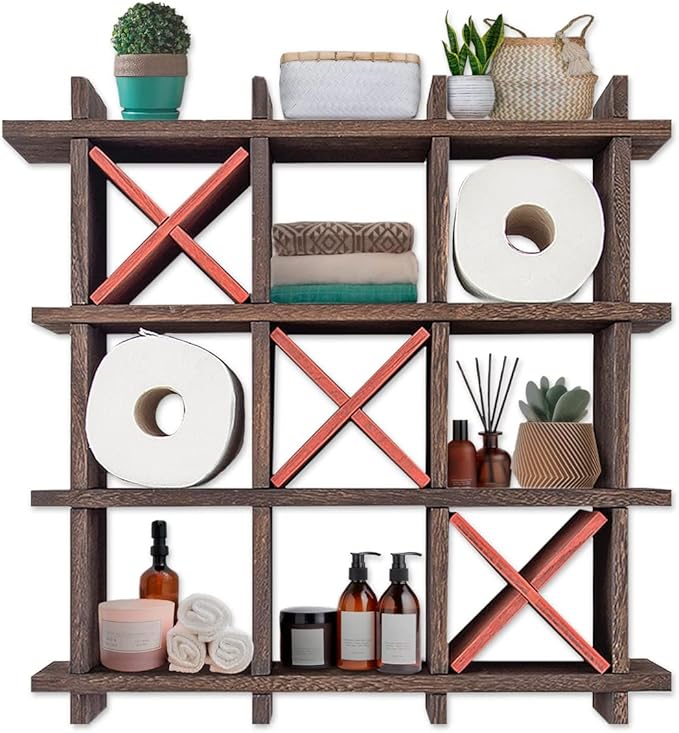 Comfify Rustic Tic-Tac-Toe Toilet Paper Holder for Bathroom – Rustic Storage Shelves for Toilet Tissue in Torched Brown Color – Freestanding or Wall Mount Bath Shelves for Your Farmhouse Décor