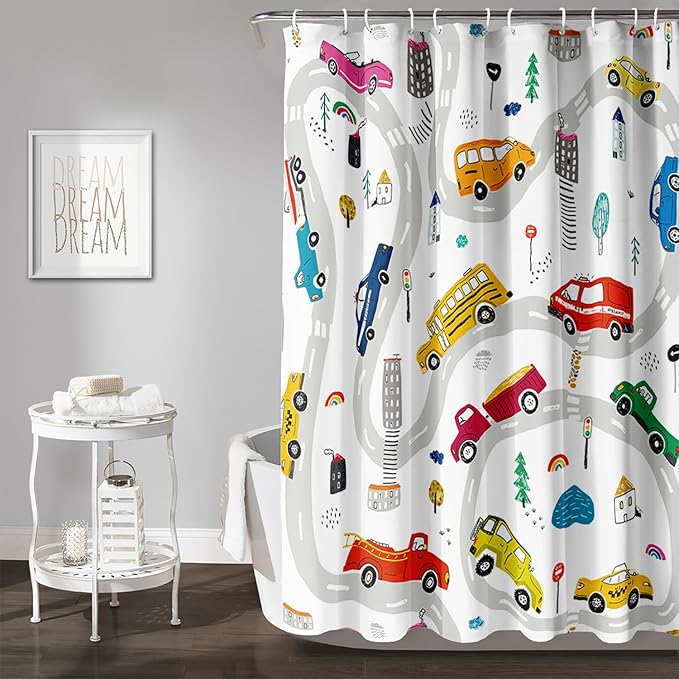 AILONEN Construction Shower Curtain, Truck Fire Engine Police Car Bath Curtain for Kids Boys,Red Yellow Blue Truck Car Bathroom Decor Waterproof Fabric 48" W*72" H Inch with 12 Plastic Hooks