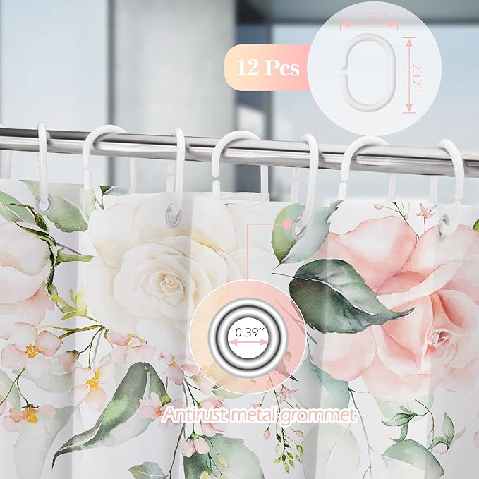 Floral Shower Curtain for Bathroom - Watercolor Pink Rose Flower Eucalyptus Leaves Fabric Shower Curtains Set with 12 Hooks Bathroom Decor Accessories, 72"x72"