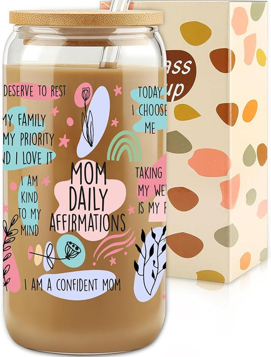 Gifts For Mom - Mom Daily Affirmations Cup for Mother's Day from Daughter, Son - Birthday Gifts For Women, Mama, Stepmom, Her, Wife, Bonusmom, New Mum - 16oz Iced Coffee Glass Cup with Straw Lid