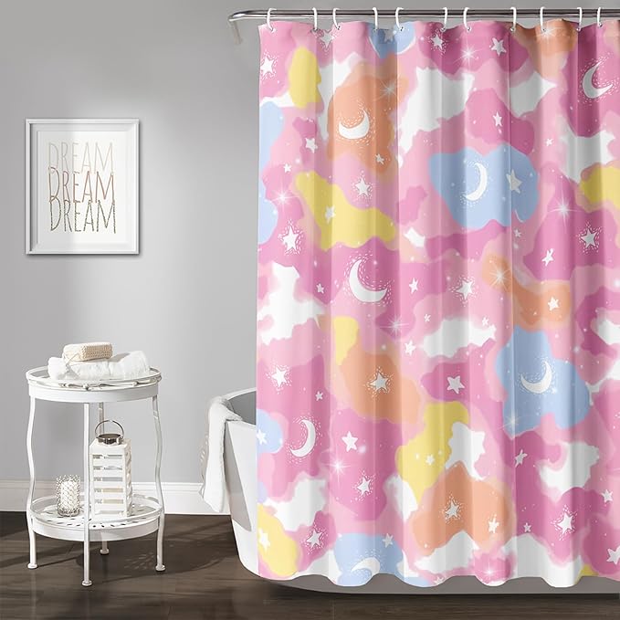 AILONEN Pink Galaxy Shower Curtain,Star and Moon Theme Bathroom Shower Curtain for Girls Kids Teens, 60" W*72" H Colorful Starry Sky Shower Curtain for Bathroom