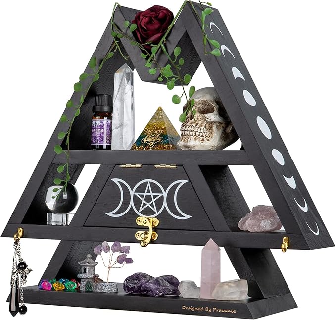 Pracaniz Crystal Shelf with Flap Drawer&Hooks for Wall&Desktop, Moon Holder as Witchy Room Decor,Moon Phase Triangle Shelf,Witchy Decor&Moon Decor Bedroom.