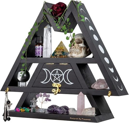 Pracaniz Crystal Shelf with Flap Drawer&Hooks for Wall&Desktop, Moon Holder as Witchy Room Decor,Moon Phase Triangle Shelf,Witchy Decor&Moon Decor Bedroom.
