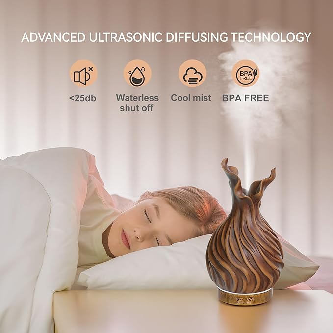200ml Essential Oil Diffuser for Home, Wood Grain Cover Aromatherapy Diffuser, Cool Mist Humidifier with Safe Auto Shut-Off and 2 Mist Modes & 7 Color LED Night Lights for Office Room (VASE03)