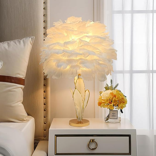 ZYLEIESENBAO Chic White Feather Lamp Creative Furry Table Lamp Modern Feather Desk Lights Romantic Princess Bedside Nightstand Light for Teen Girls Bedroom Decoration Living Room Wedding Kids Room