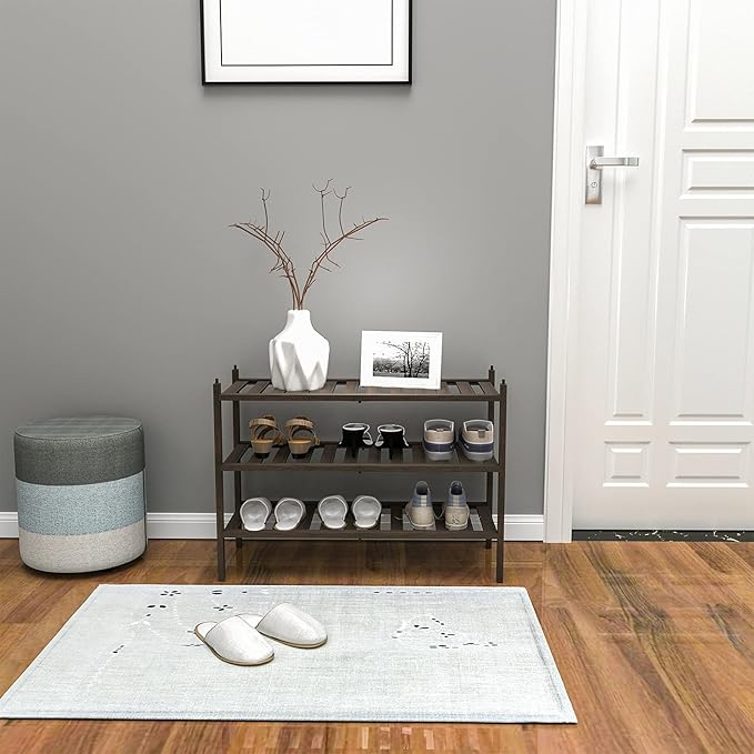 Shoe Rack, 3-Tier Bamboo Stackable Shelf Storage Organizer, Stand for Closet, Entryway, Hallway, Bathroom and Living Room（Mocha）