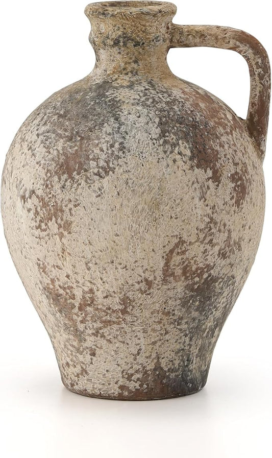 LUKA Ceramic Rustic Farmhouse Vase,8.25 inch Terracotta Vase with Handle,Neutral Clay Pot Vases Decorative Vase for Living Room,Table,Shelf Decor(Brown,M)