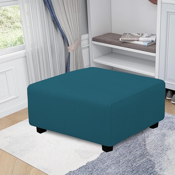 Easy-Going Stretch Square Ottoman Cover 40x40x15 inch Folding Storage Stool Furniture Protector Soft Rectangle slipcover with Elastic Bottom Peacock Blue
