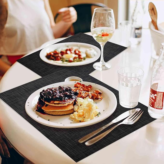 GIVERARE Placemats Set of 4, Heat-Resistant Woven Vinyl Placemat 12x18in, Non-Slip Washable PVC Table Mat, Easy to Clean Premium Plastic Mats for Dining, Kitchen Table (Black/Gray)