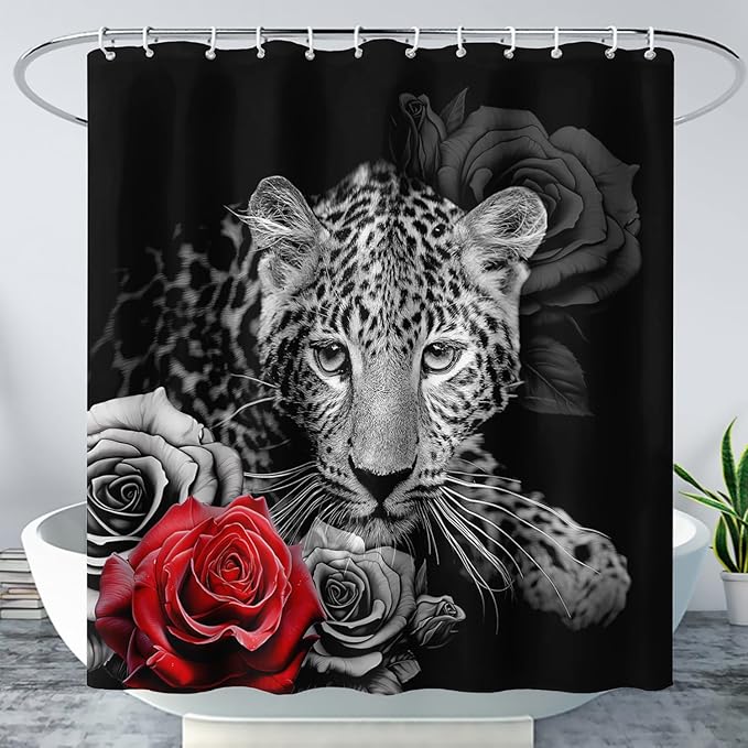 AILONEN Grey Leopard Shower Curtains for Women,Rose Leopard Bath Curtains Gifts for Lover,Polyester Waterproof for Bathroom with Plastic Hooks 36" W*72" H Grey