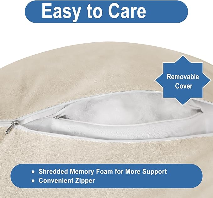 Reading Pillow for Bed Adult Size, Back Pillow for Sitting in Bed, Shredded Memory Foam Bed Chair Pillow with Arms, Pockets, Washable Cover (Beige, Large)