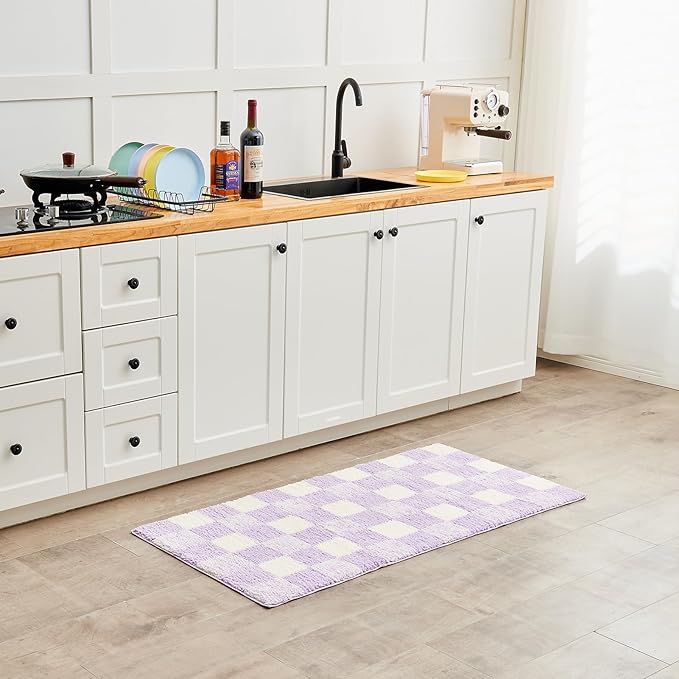 CozeCube Checkered Bath mats for Bathroom Non Slip, Fluffy Absorbent Microfiber Bath mat Washable, Aesthetic Bathroom Rugs, Cute Bath mat for Shower Sink, Purple, 32" x 20"