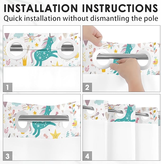 Unicorns Rainbow Cute No Hook Shower Curtain with Snap in Liner, Cloud Fun Girl Kids Colorful Bath Curtain with Double Layers Waterproof Fabric and Mesh Top Window 71x74 Inch