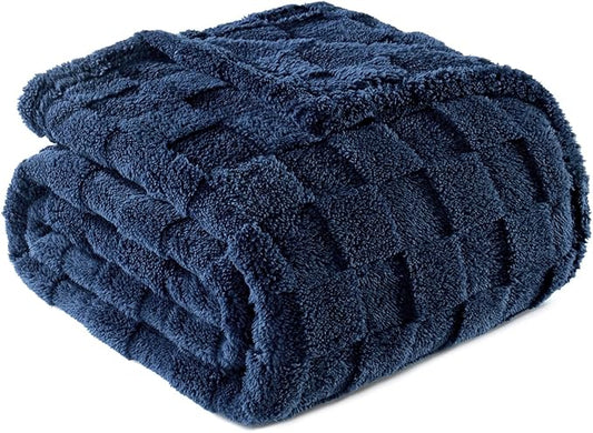 Exclusivo Mezcla Fleece Throw Blanket for Couch,Super Soft and Warm Lightweight Checkered Pattern Blankets for All Seasons, 50x60 Inches, Navy Blue