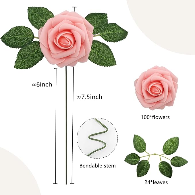 100PCS Artificial Flowers Pink Roses Real Looking Foam Fake Roses with Leaves and for DIY Wedding Bouquets Bridal Shower Centerpieces Party Decorations (Pink, 100)