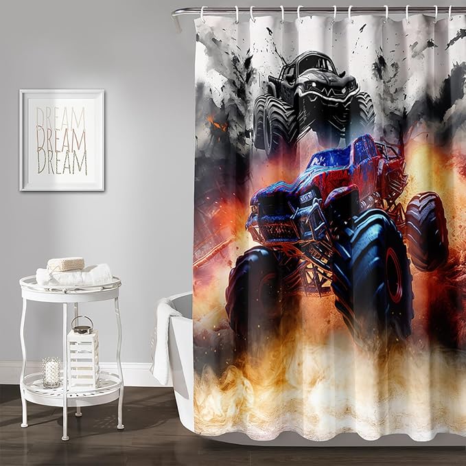 AILONEN Boys Monster Truck Shower Curtain for Bathroom, Watercolor Truck Bath Curtain,Cartoon Truck Shower Curtain for Kids Teen,Waterproof Curtain Bathroom 72" W*72" H Decor with 12 Plastic Hooks