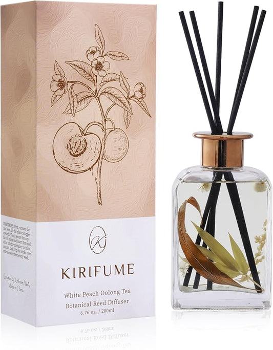 White Peach Oolong Tea Botanical Essential Oil Reed Diffuser Set/6.7oz/Fresh Bamboo, Eucalyptus/Decorative Air Freshener/Home, Office, Room Décor/Aromatherapy Gift/Scentsy Home Fragrance
