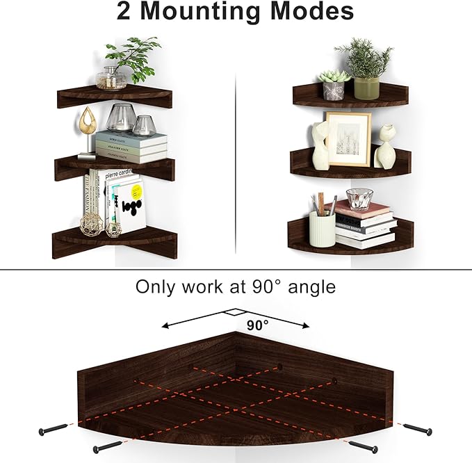 Alsonerbay Corner Shelf Wall Mount, Set of 3 Floating Shelves for Storage and Display, Rustic Wood Shelves for Bedroom, Kitchen, Living Room, Nursery and Office (Dark Brown)