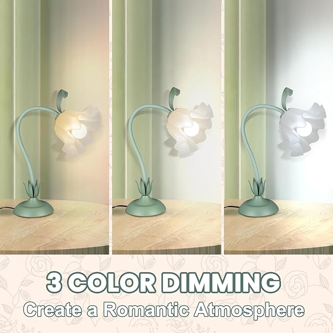 Flower Desk Lamp,LED Reading Light Bedside Vintage Flower Night Light,3 Colors Modes Cute Bedside Lamps Decor,Living Room Bedroom Room Kawaii Lighting Table Lamps Home Decoration (Green)
