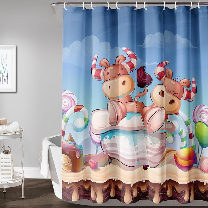 AILONEN Cute Cow Kids Shower Curtain 36" W*72" H Cartoon Candy Printed Shower Curtain Boys Girls Children Bathroom Curtain Decor Polyester Waterproof Curtain with 12 Hooks