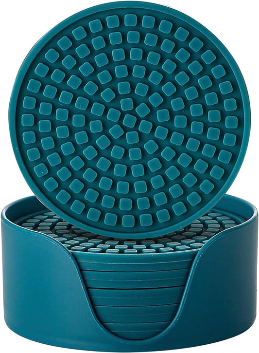 Colinda Silicone Drink Coasters with Holder, Set of 6, Outdoor Cup Mat for Hot or Cold Drinks, Thickened, Non-Slip,Non-Stick, Teal