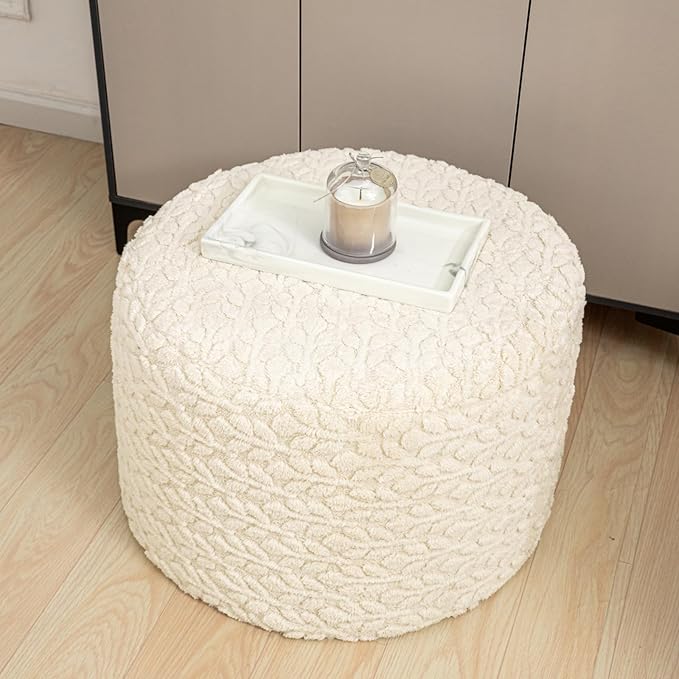 Round Pouf Ottoman Stuffed 20 x 20 x 14 Inches Boho Poof Foot Stool Home Decor Floor Pouffe Ottoman Foot Rest for Couch Sofa Bean Bag Chairs Living Room Bedroom (Linen)