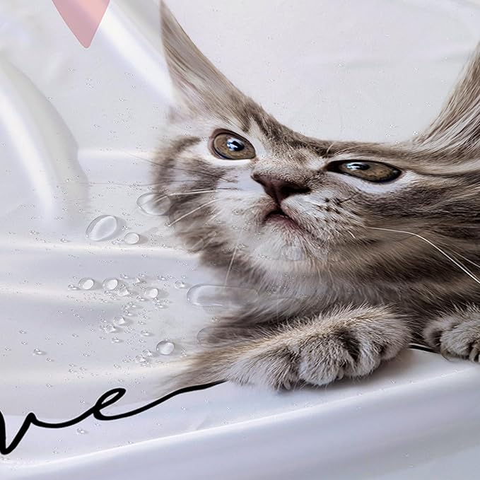 AILONEN 3D Kawaii Cat Shower Curtain, Fuzzy Ball Kitten Shower Curtain for Kids Girls Boys Bathroom Decor,Cute Pet Cat Lover Waterproof Shower Curtains Sets with Hooks,72" W*78" H