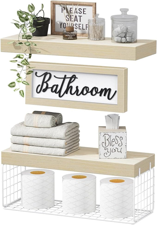 QEEIG ‎Bathroom Shelves Over Toilet - Paper Storage Wall Mounted Farmhouse Decor Decorations Aesthetic Décor Sign Small Floating Shelf 2+1 Set 16 inch, Natural (020NW)