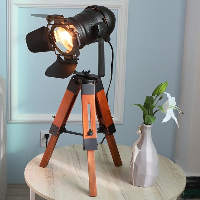 Industrial Tripod Wood Table Lamp for Bedside, Farmhouse Adjustable Height Retro Desk Lamp for Living Room Rotataion Vintage E26 Standing Lighting for Bedroom