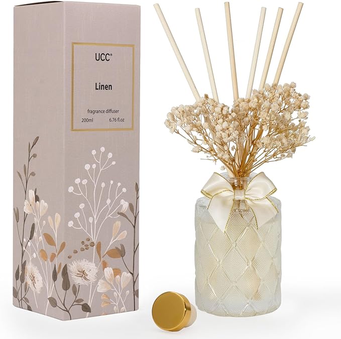UCC Premium Reed Diffuser Set with Preserved Flower Reed Sticks, 6.76 fl oz Highly Scented Room Diffuser Home Fragrance Essential Oil Reed Diffuser for Bedroom Bathroom Home Décor Office