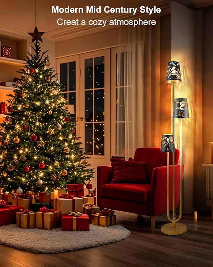 63IN Floor Lamp with Metal Shade, Unique Gold Tall Standing Lamps with 3 Poles, 3000K Warmwhite Mid Century Modern Floor Lamp for Living Room Home Office(Bulbs Included)