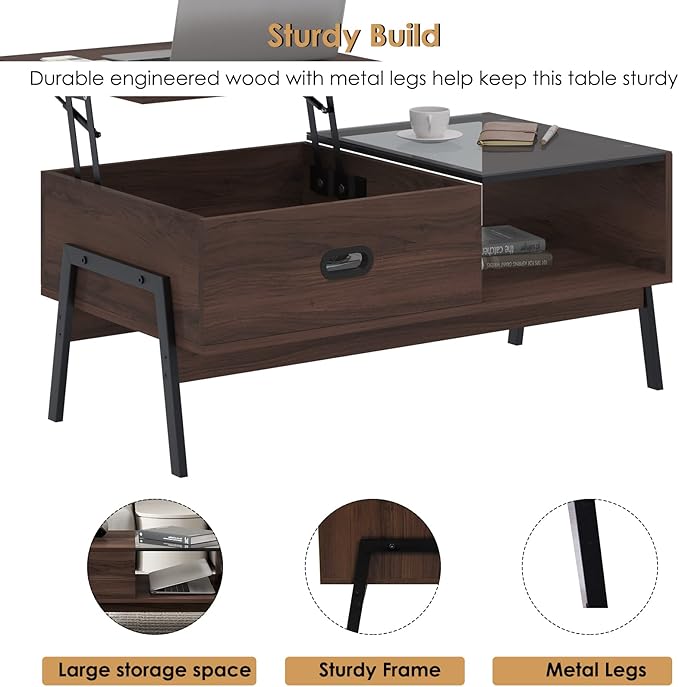soges Coffee Table, Brown Lift Top Coffee Table with Storage, Coffee Table with Lift Top, Rustic Wood Raisable Top Central Table for Living Room