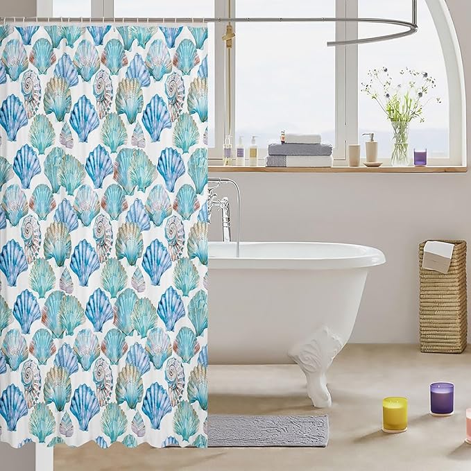 Feelyou Seashell Conch Print Shower Curtain 72"x84" Kids Marine Life Sea Bathroom Shower Curtain Set for Boys Girls Teens Ocean Marine Themed Bath Curtain Sea Coastal Nautical Bathroom Accessories