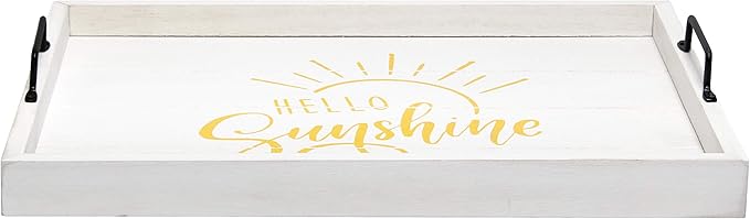 Elegant Designs, 15.50"" x 12"", Hello Sunshine Decorative Wood Serving Tray w/Handles, White Wash (HG2000-WHS)