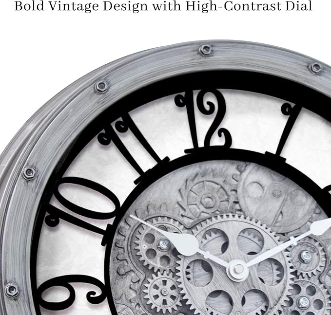 Wall Clock with Moving Gears, Vintage Industrial 16-Inch Silent Non-Ticking Steampunk Timepiece, Retro Frame Analog Battery Operated Rustic Mechanical Decor for Living Room, Home, Office, Loft(Sliver)
