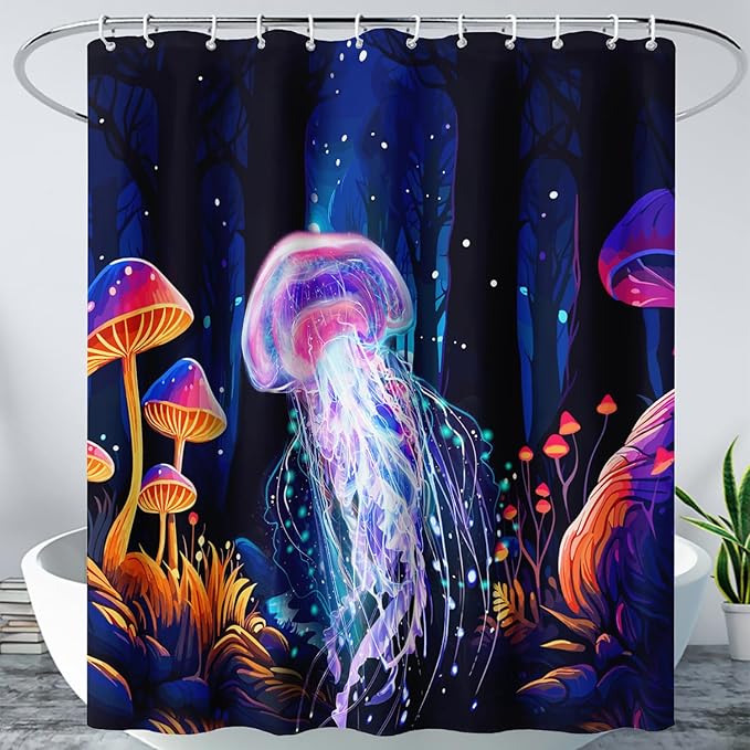 AILONEN Beautiful Jellyfish Shower Curtain,Magic Mushroom Waterproof Fabric Bath Curtain for Kids Girls,Boho Style Mysterious Planet Shower Curtain Set for Bathroom, 72" W*78" H